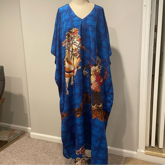 Glamour royal blue asian warrior print caftan OSFM - Picture 1 of 5